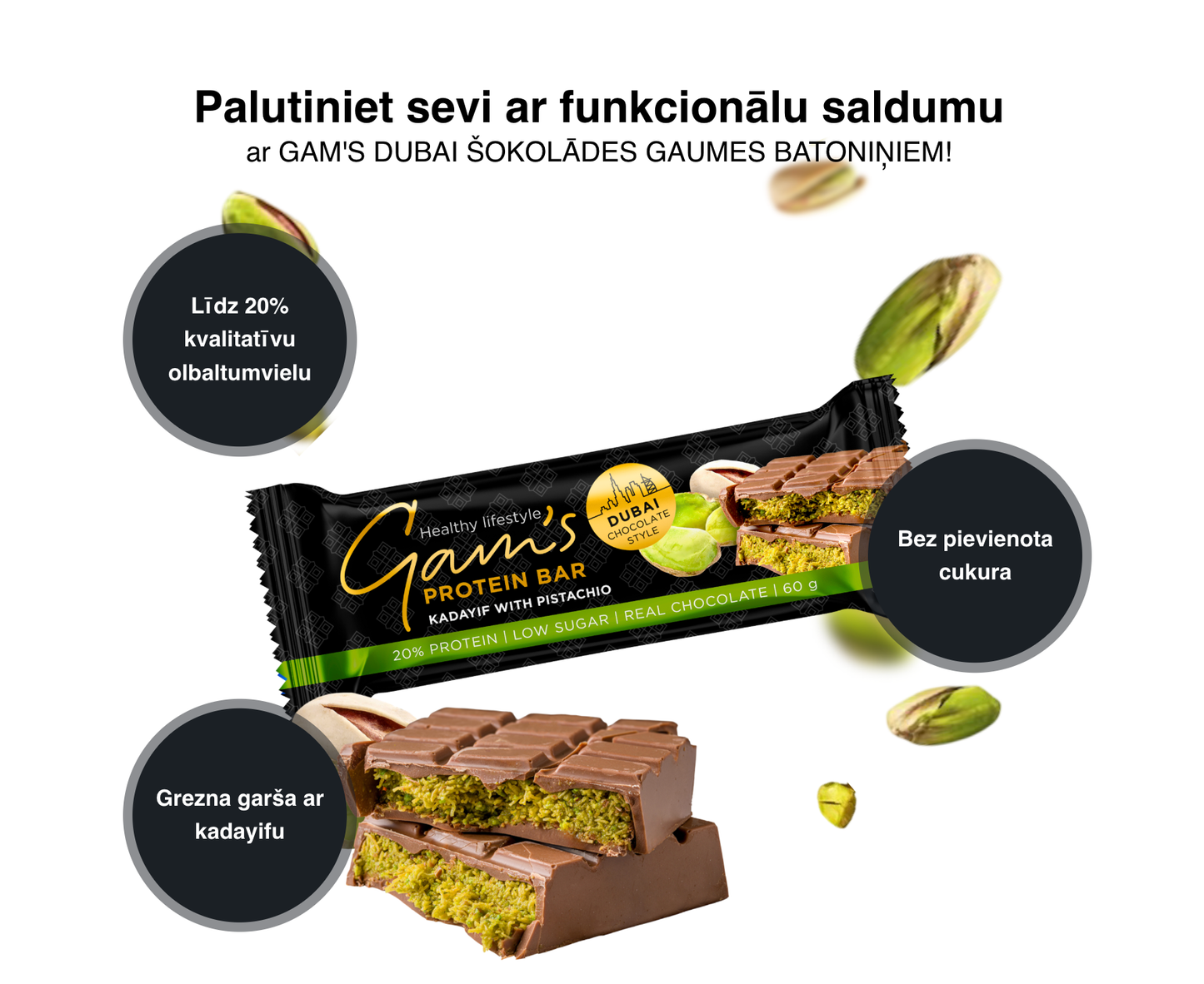 Gam's Protein Dubai šokolādes stila batoniņš ar pistācijām 60g