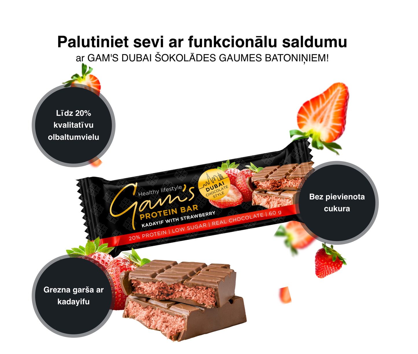 Gam's Protein Dubai šokolādes stila batoniņš ar zemenēm 60g
