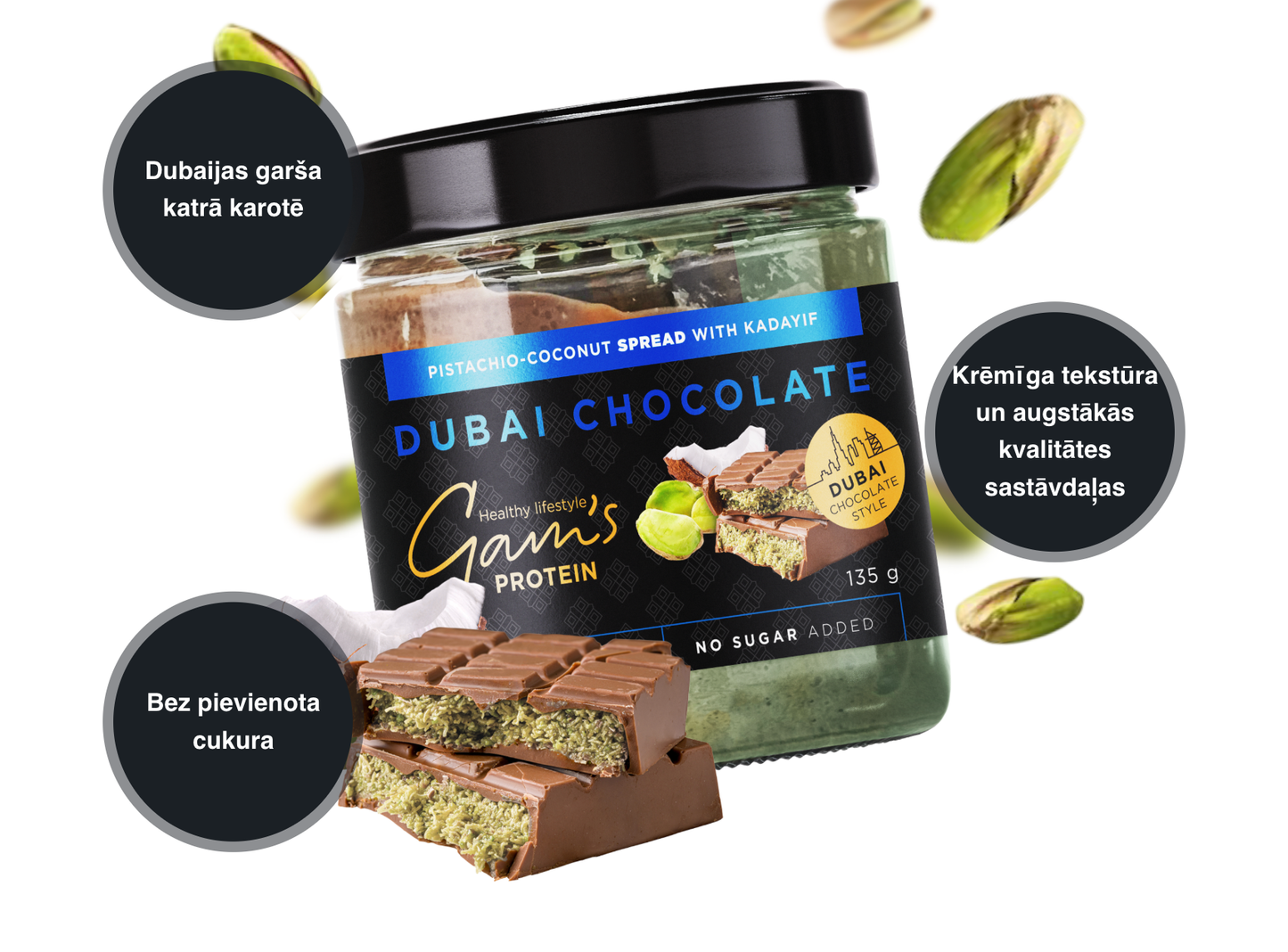 Gam's Protein Dubai šokolādes stila krēms ar pistācijām un kokosriekstu garšu 135g