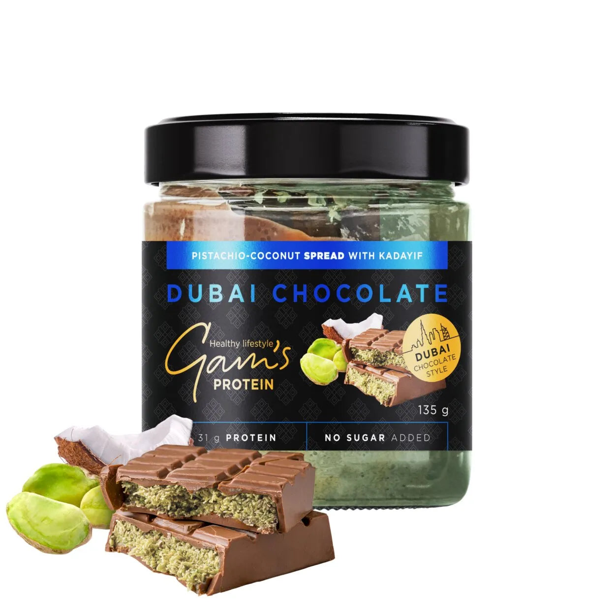 Gam's Protein Dubai šokolādes stila krēms ar pistācijām un kokosriekstu garšu 135g