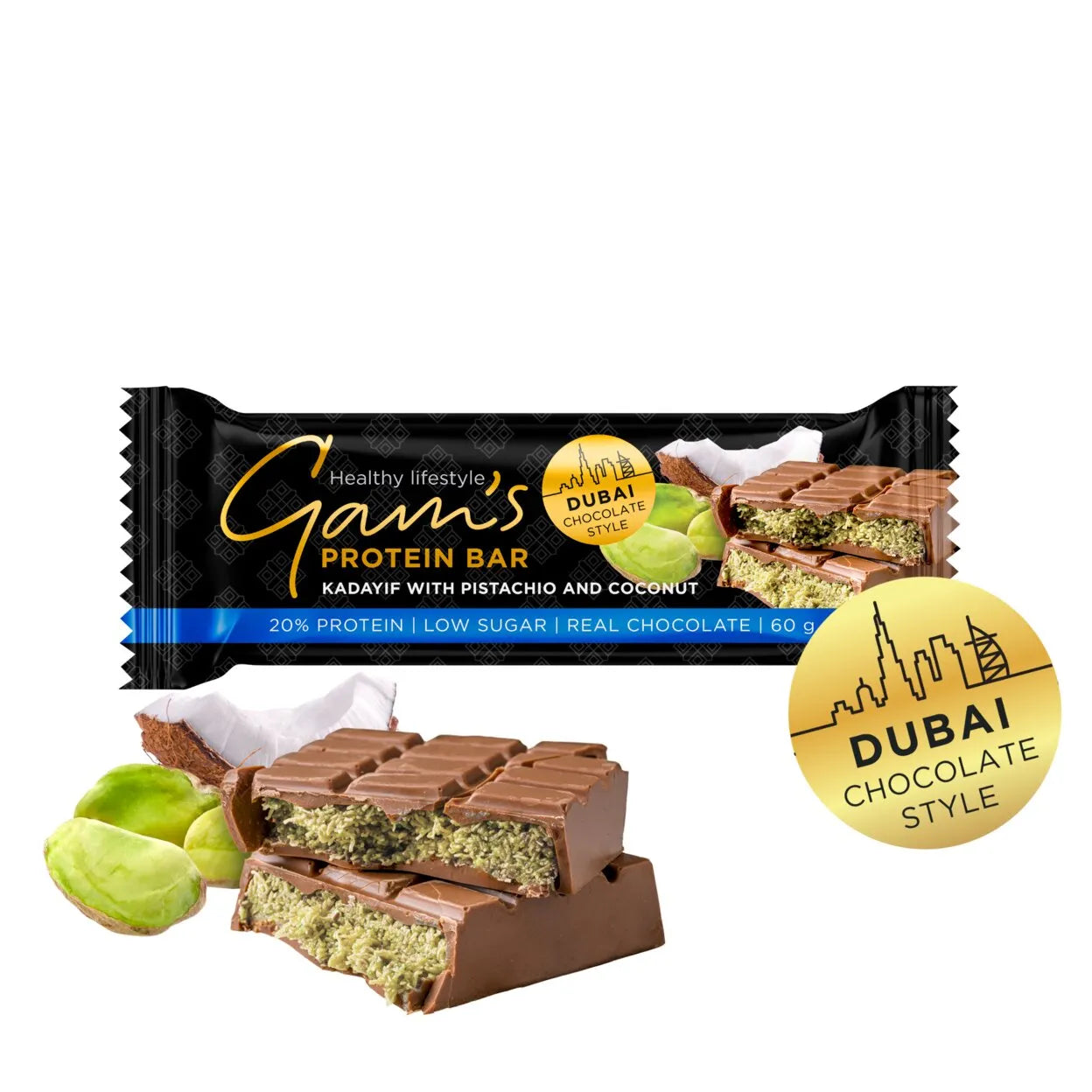 Gam's Protein Dubai šokolādes stila batoniņš ar pistācijām un kokosriekstu garšu 60g