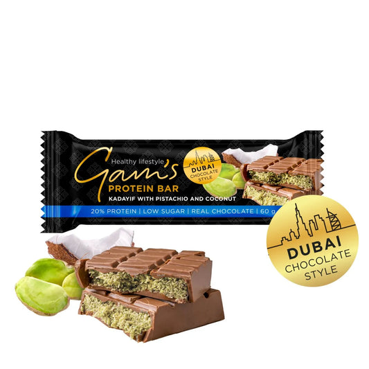 Gam's Protein Dubai šokolādes stila batoniņš ar pistācijām un kokosriekstu garšu 60g